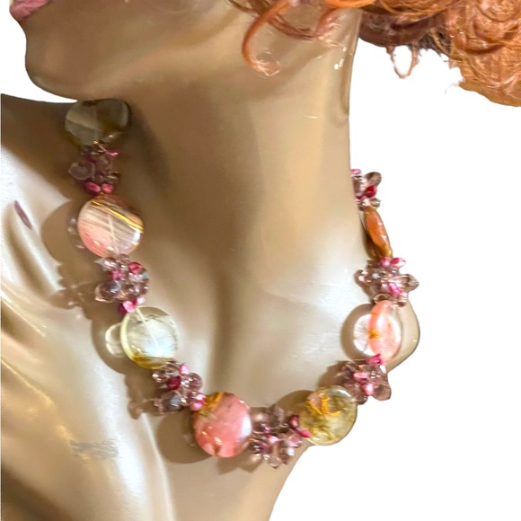 Stunning colorful faux Quartz Chunky stone disk pearl glass crystal necklace - Picture 13 of 13